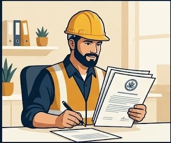 Licensed contractor reviewing state licensing documents at desk