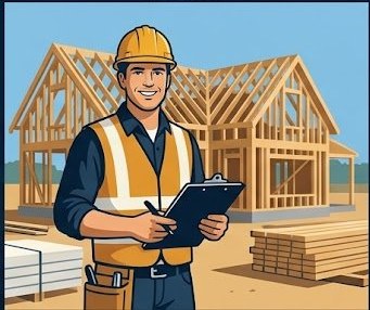 Licensed general contractor with clipboard at residential construction site