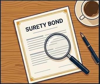 Reviewing a surety bond certificate document with magnifying glass