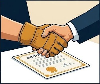 Contractor and surety agent handshake over bond certificate